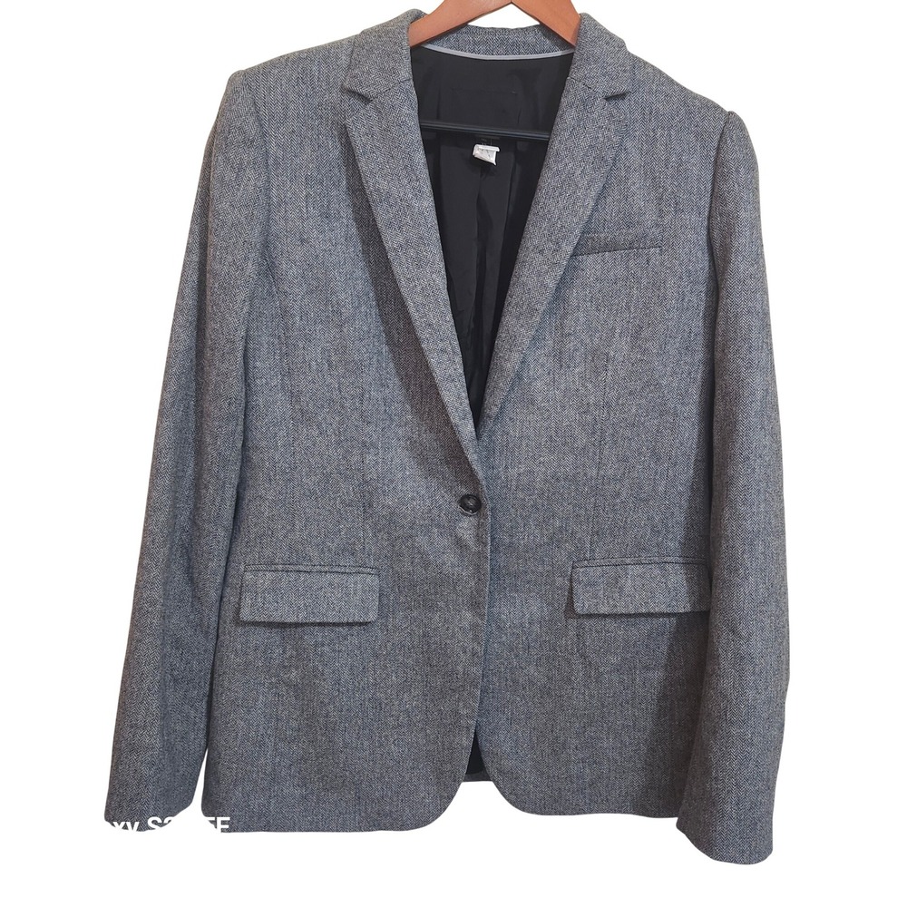 Banana Republic Blazer Women 12 Tall Gray Herringbone Wool Blend Woven in Italy